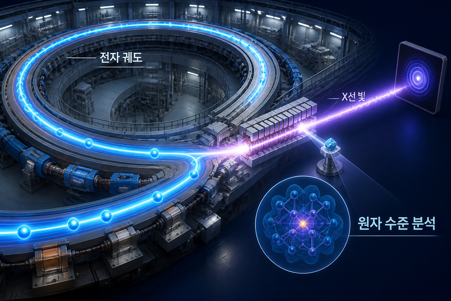 방사광가속기 내부를 상징하는 전자 궤도와 X선 빛 그래픽