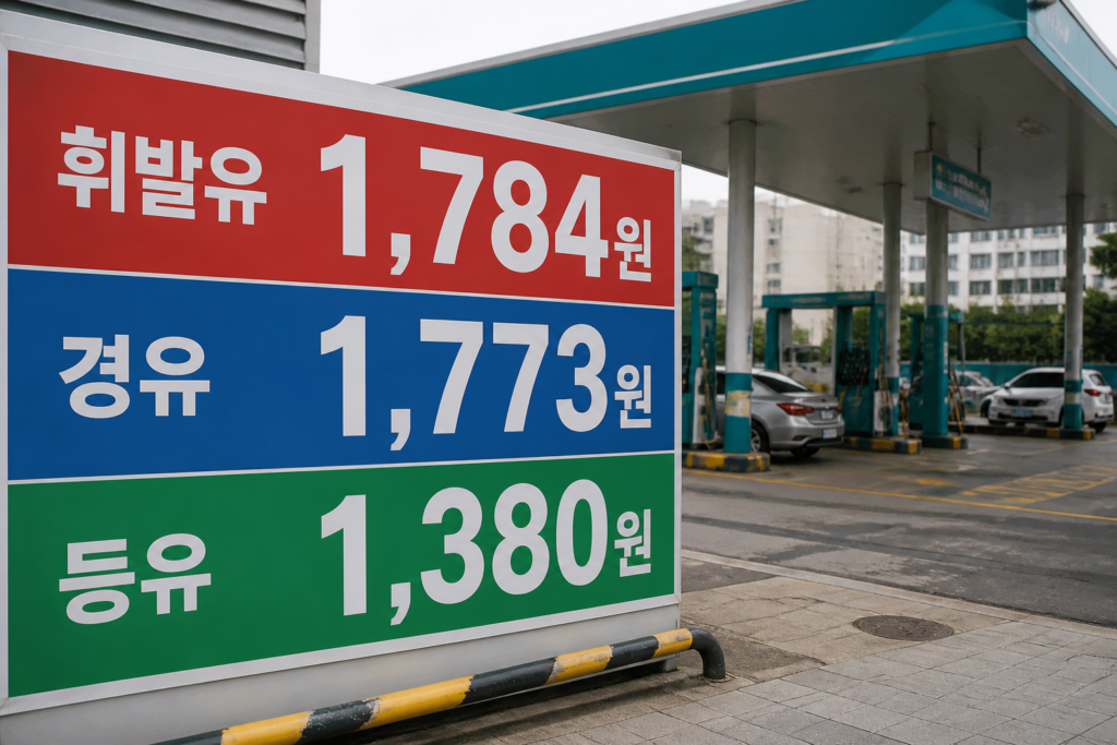 주유소 전경과 휘발유 1,784원 경유 1,773원 등유 1,380원 문구
