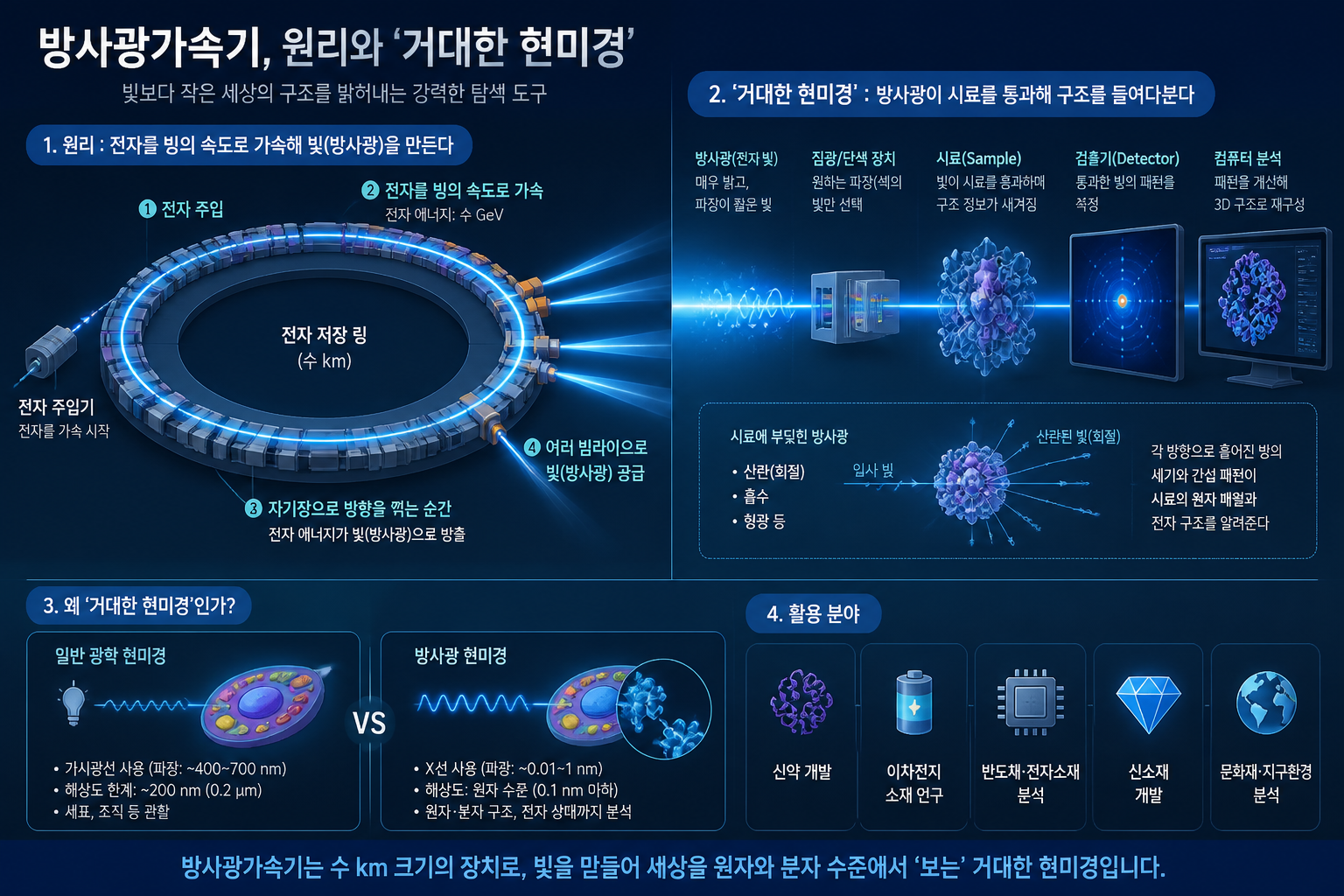 방사광가속기 원리와 '거대한 현미경' 비유를 보여주는 설명 이미지