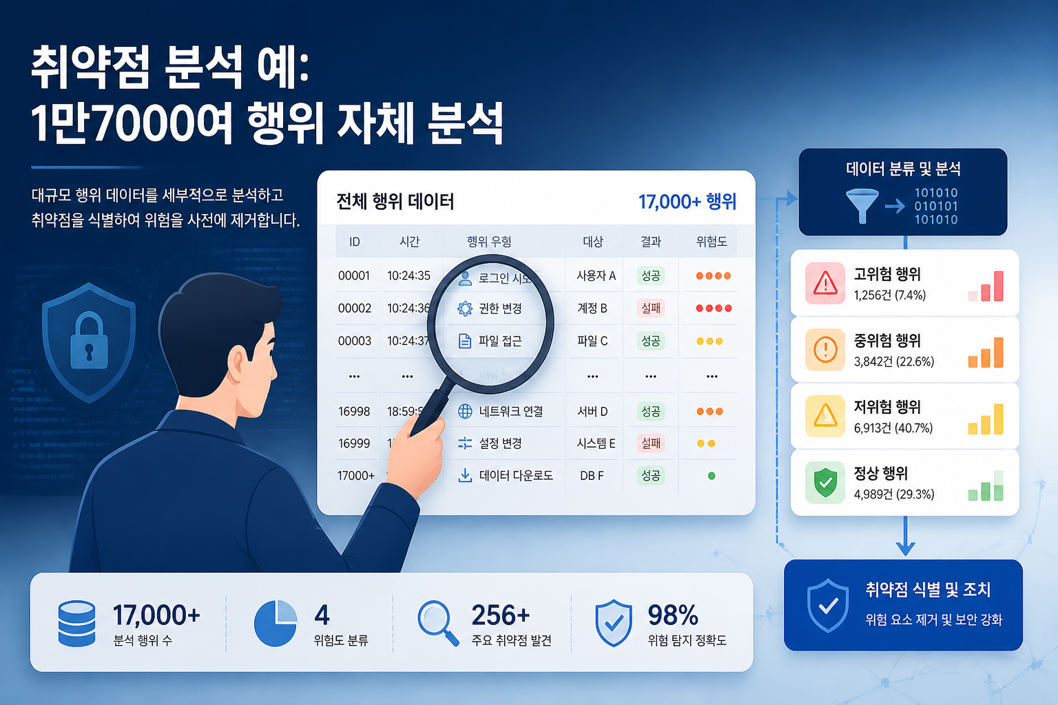 취약점 분석 인포그래픽과 '1만7000여 행위 자체 분석' 문구