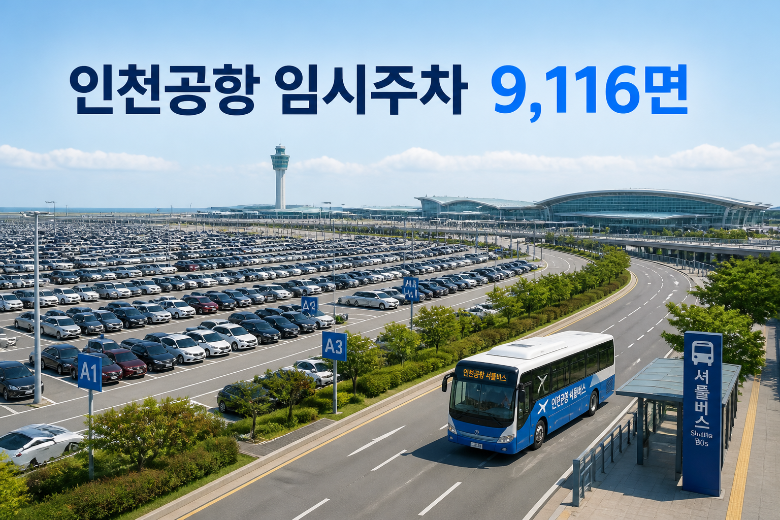인천공항 임시주차 전경과 임시주차 9,116면 문구