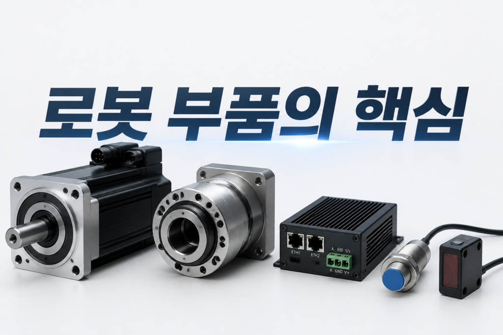 액추에이터·감속기·통신·센서가 배열된 로봇 부품 이미지