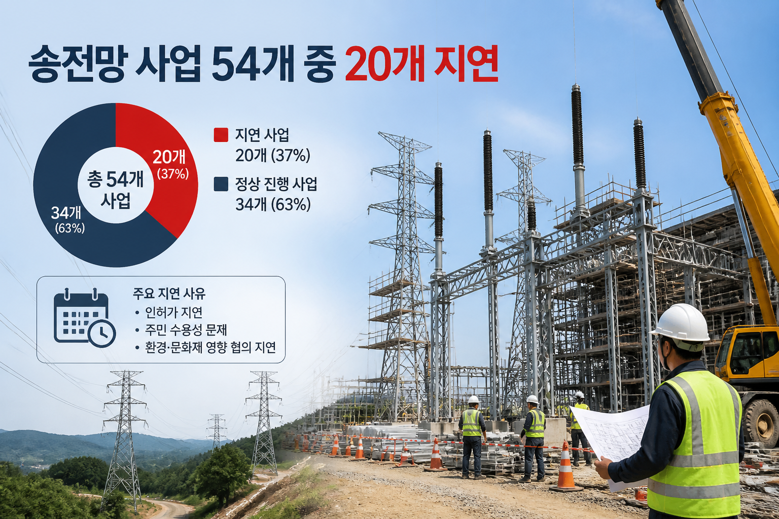 송전망 사업 지연을 나타내는 변전소 공사 현장과 텍스트: 송전망 사업 54개 중 20개 지연
