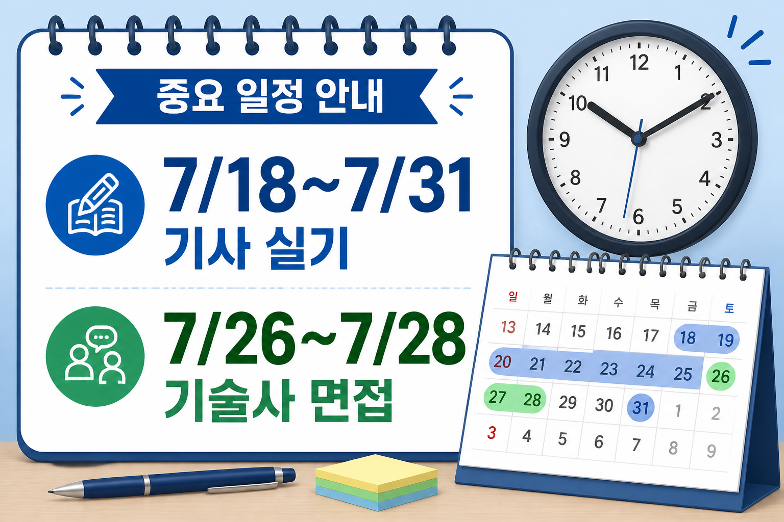 달력과 시계를 강조한 기사·기술사 시험 주요 날짜 안내 이미지