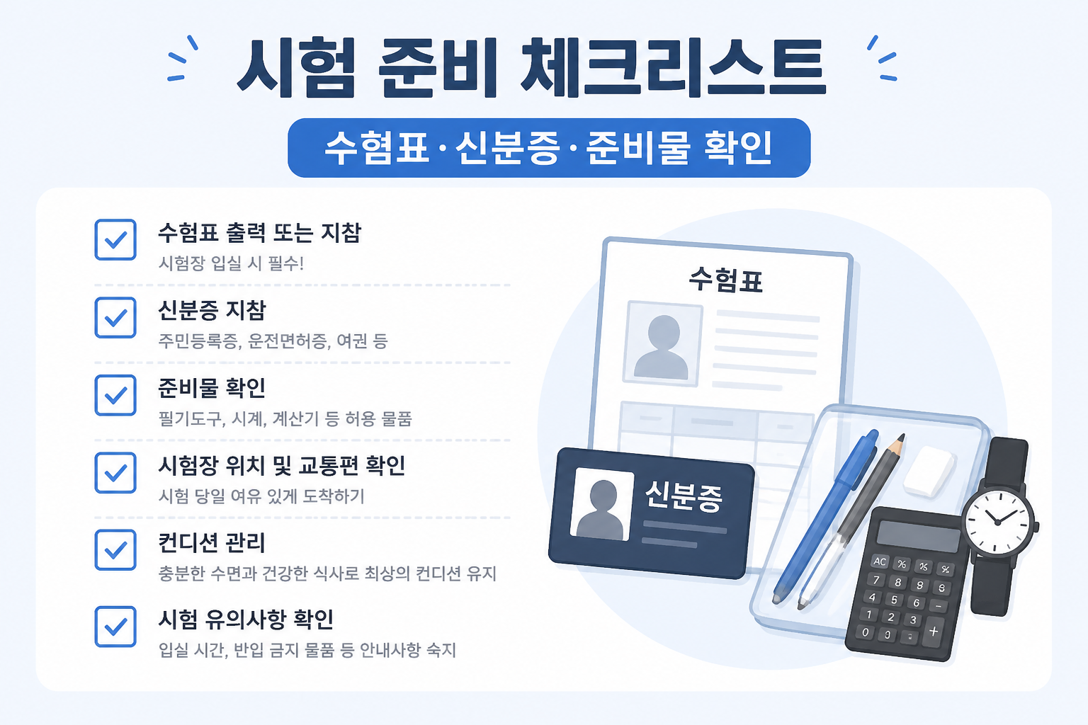 수험표와 준비물을 강조한 시험 당일 체크리스트 이미지