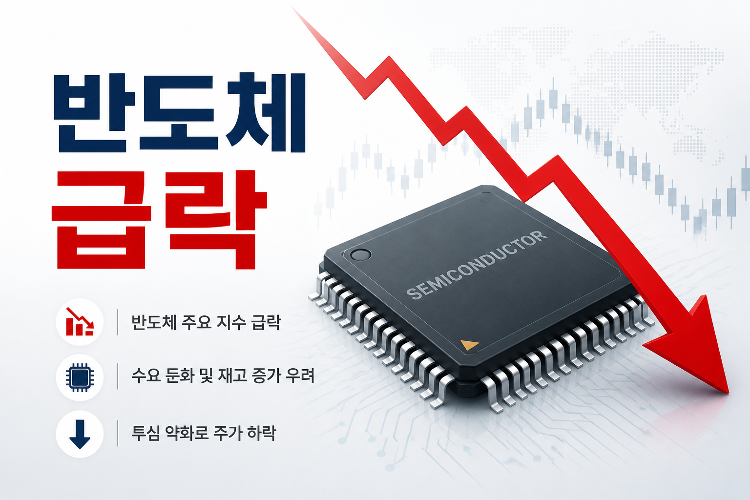 반도체 이미지와 하락 화살표, '반도체 급락' 텍스트