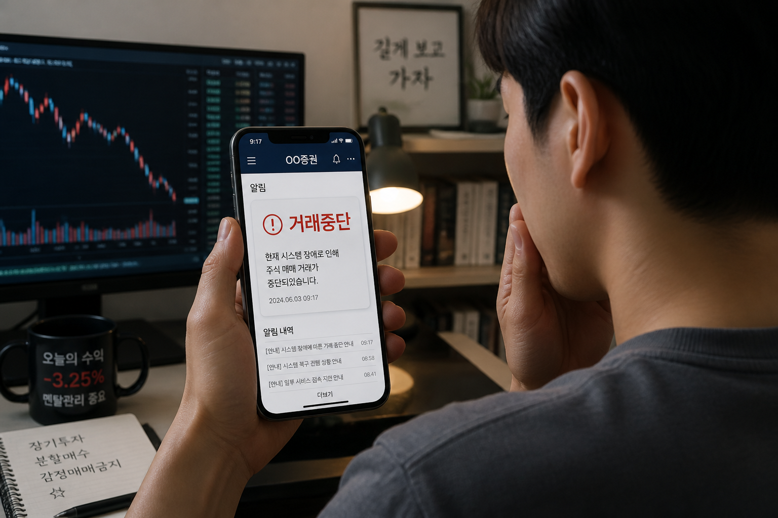 스마트폰에 표시된 '거래중단' 알림을 확인하는 개인 투자자