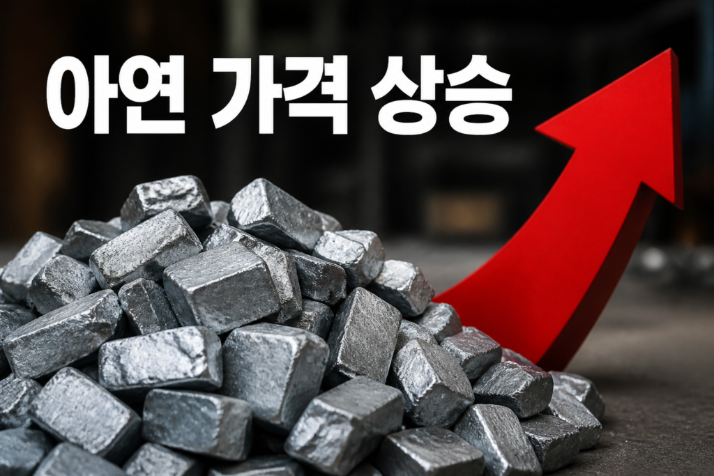 아연 원자재 더미와 위로 향하는 화살표, 아연 가격 상승
