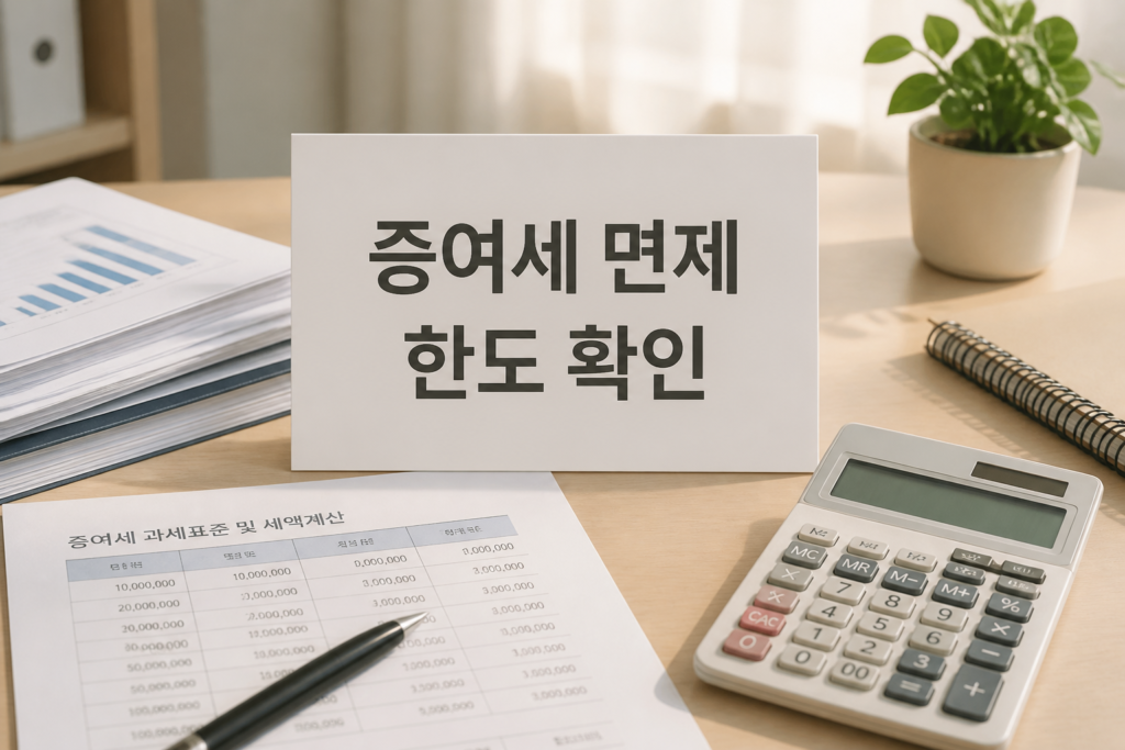 증여세 면제 한도 확인을 위해 서류와 계산기가 놓인 책상