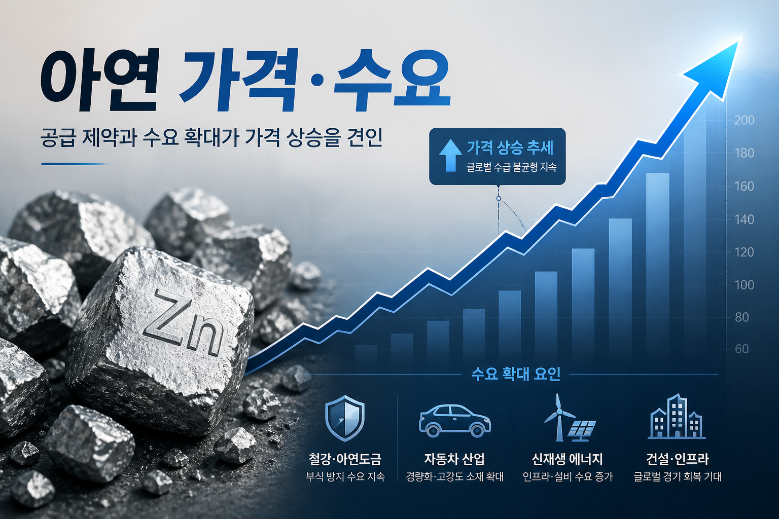 아연 가격과 수요를 표현한 인포그래픽, 그래프 상승