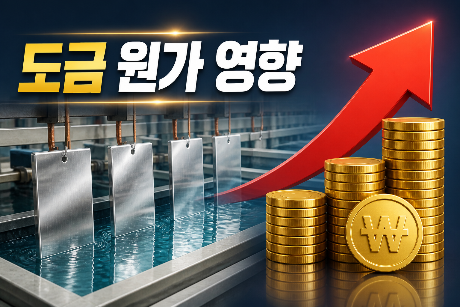 도금 공정과 원가 상승을 상징하는 이미지, 도금 원가 영향