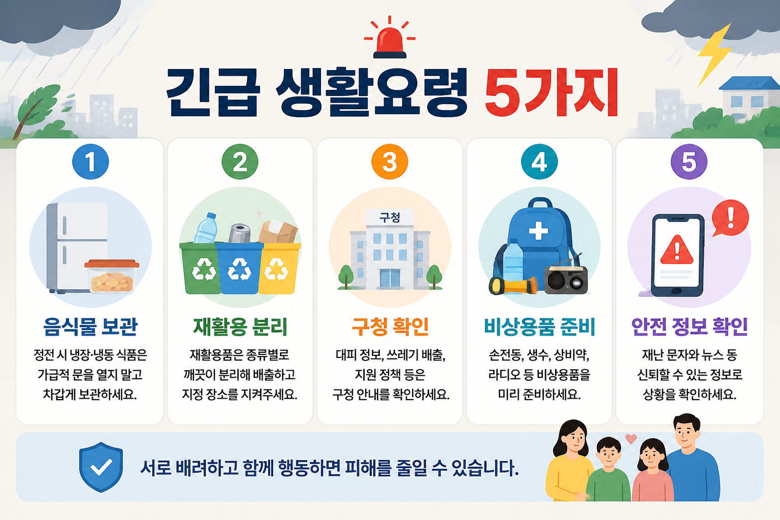 긴급 생활요령 5가지를 아이콘과 함께 정리한 인포그래픽 한국어 문구 포함