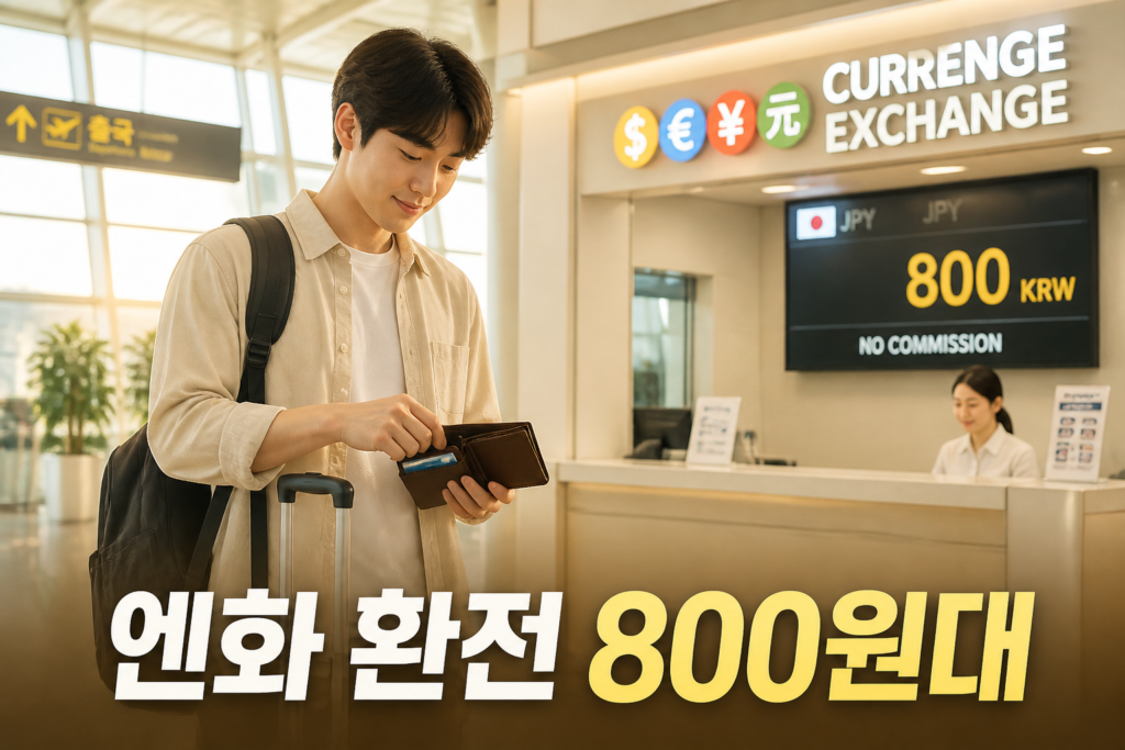공항 환전 창구 앞에서 환전하는 모습과 '엔화 환전 800원대' 문구