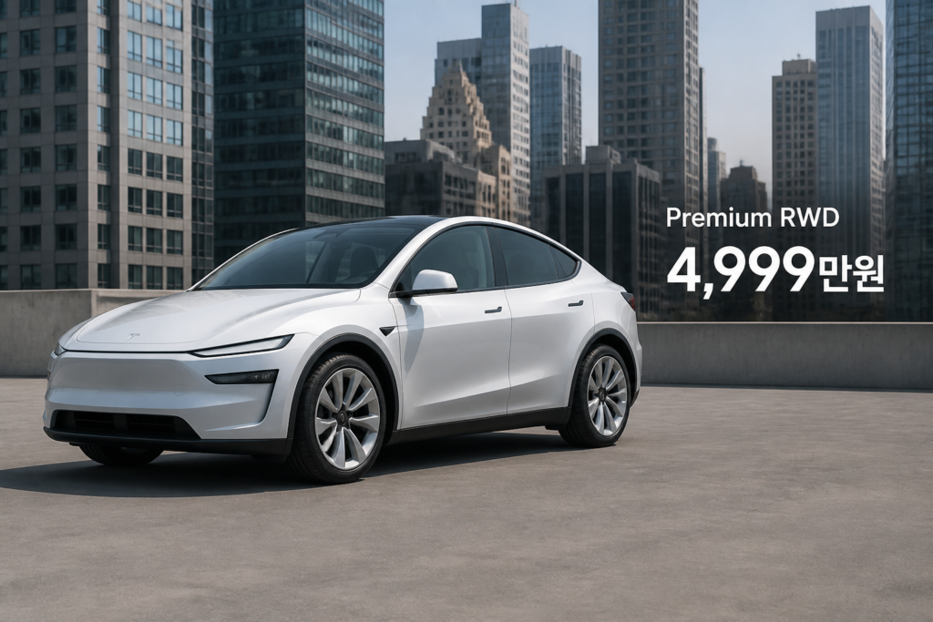 도심 배경에 서 있는 테슬라 모델 Y와 Premium RWD 4,999만원 안내