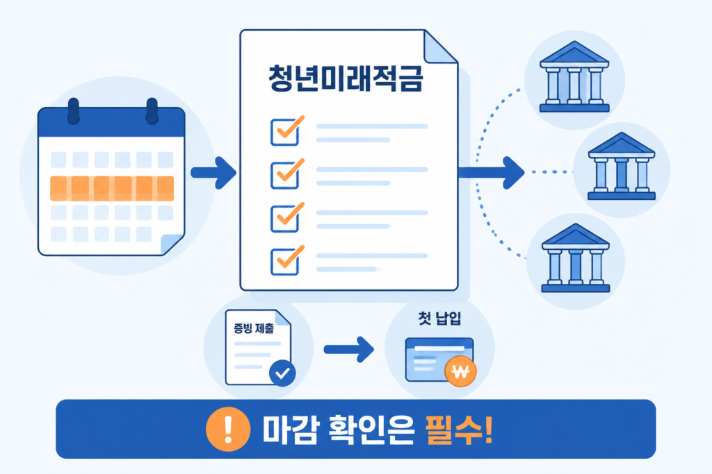 캘린더 하이라이트와 체크리스트, 세 개 은행 아이콘이 절차 화살표로 연결된 청년미래적금 대표 인포그래픽