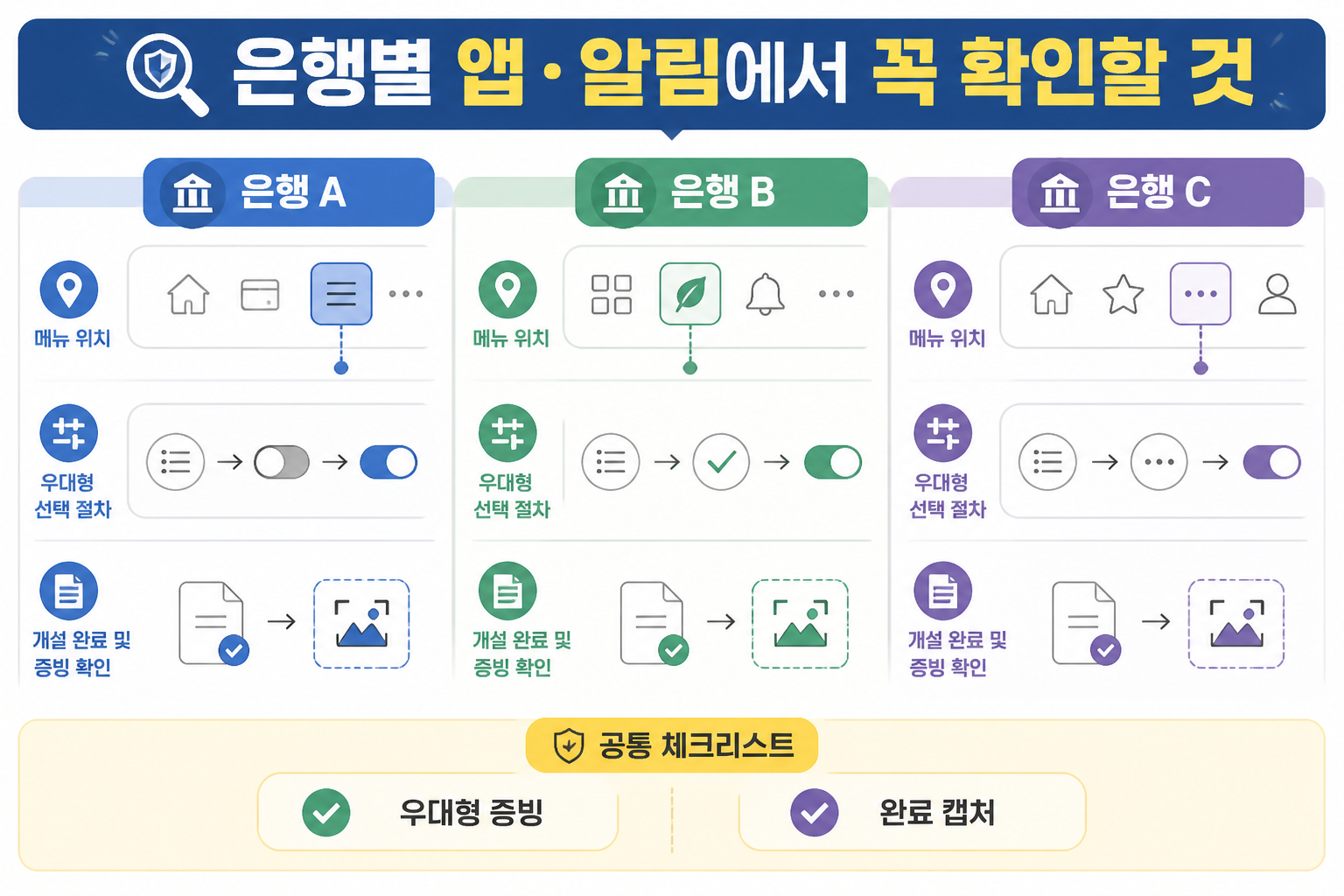 은행별 흐름 비교용 3단 컬럼 인포그래픽: 메뉴 위치, 우대형 선택, 개설 완료·증빙 확인을 보여줌