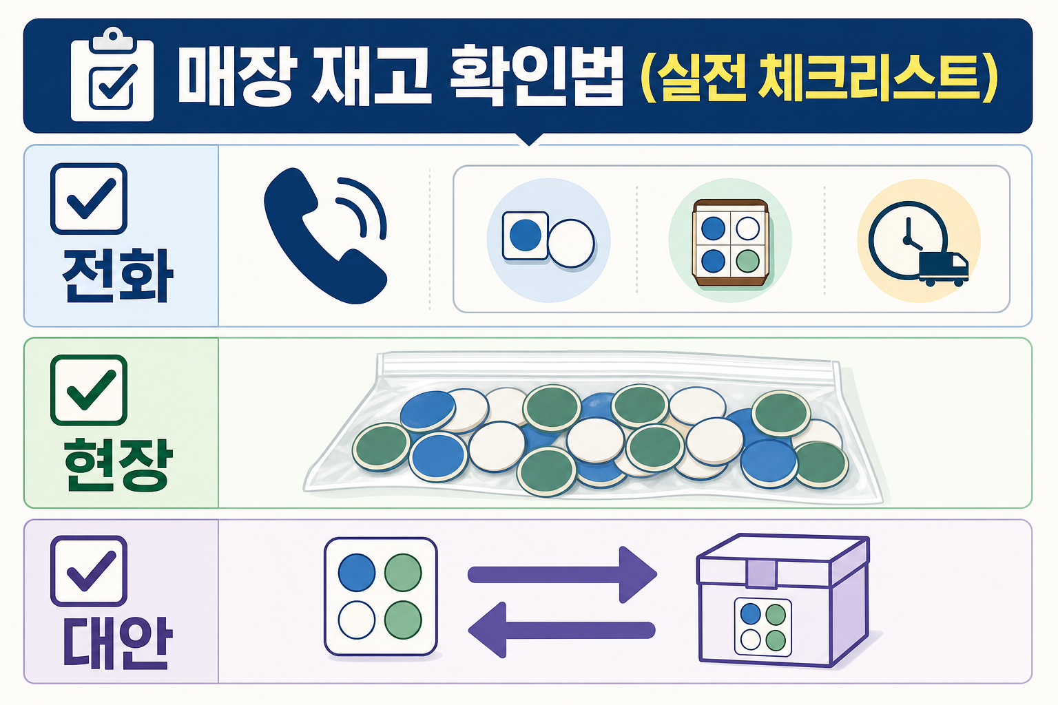 세로 3칸 체크리스트: 전화 문의(아이콘), 현장 포장 상태(흩어진 타일 패키지), 대안(교환·세트)으로 재고 확인 절차를 단계별로 보여주는 미니 인포그래픽.