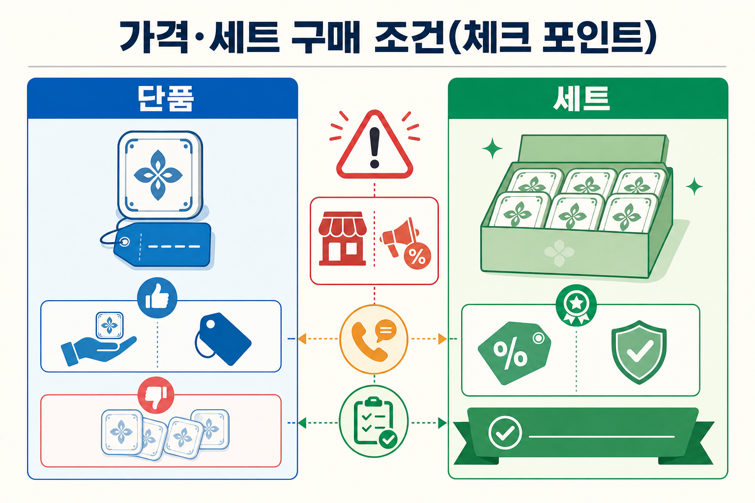 왼쪽 단품(단일 타일·간편 아이콘)과 오른쪽 세트(박스 안 다수 타일·리본) 비교 레이아웃, 중앙에 매장·프로모션 변동성 경고와 확인 권장 연결선.