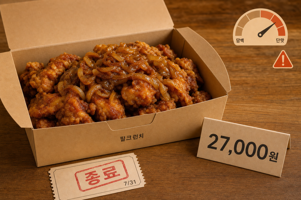 필크런치 박스 오픈 샷: 캐러멜라이즈드 어니언 토핑의 윤기, 가격표 27,000원, 초기 쿠폰이 '종료(7/31)'된 상태를 한눈에 보여주는 커버 이미지.