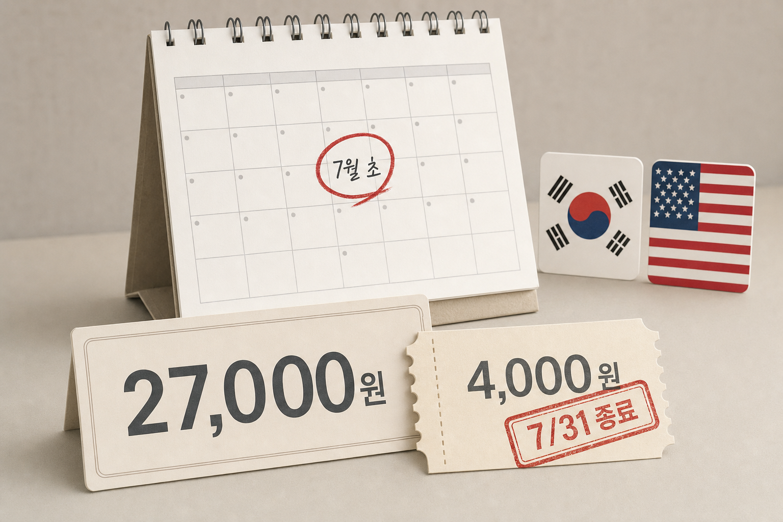 달력에 '7월 초' 표시, 한·미 동시 출시(국기 아이콘), 가격 27,000원과 초기 4,000원 쿠폰이 '7/31 종료'로 표기된 출시·가격 정보 시각화.