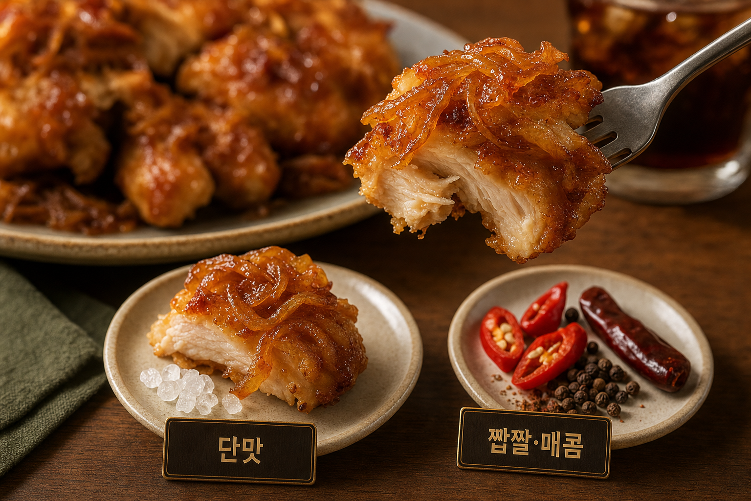 캐러멜라이즈드 어니언이 올려진 치킨 클로즈업과 두 플레이트 비교(단맛 vs 짭짤·매콤)로 양파 토핑의 호불호 선택 기준을 보여주는 맛 구성 이미지.