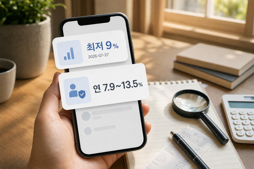 토스 앱 화면의 금리 표기 불일치를 돋보기로 확인하는 스마트폰 클로즈업(연 7.9~13.5% vs 최저 9%, 출시일 2026-07-27 표시)