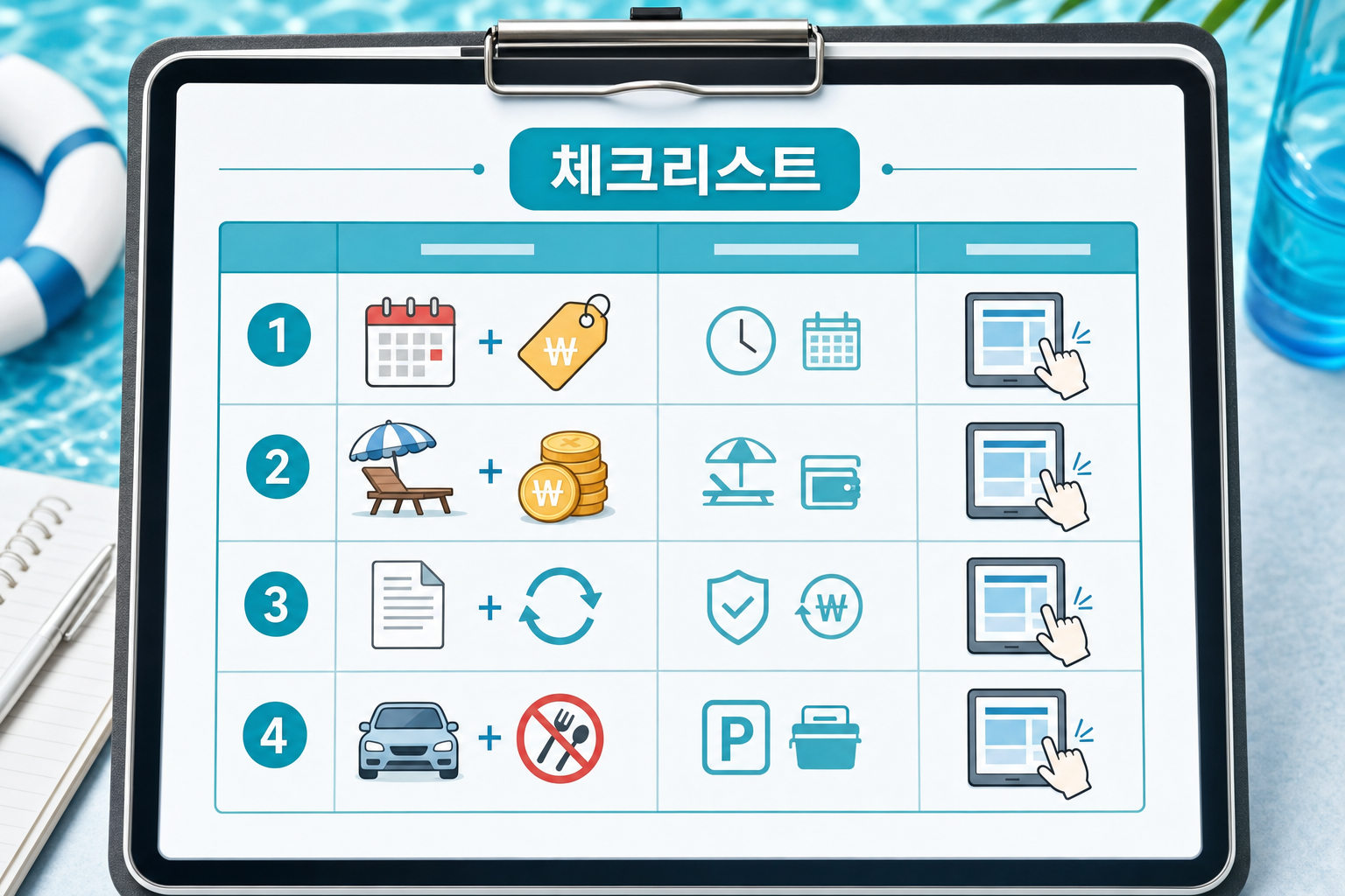 클립보드 형태의 체크리스트 표 — 운영시간·카바나·취소·주차 항목을 아이콘으로 나열한 한눈 체크리스트
