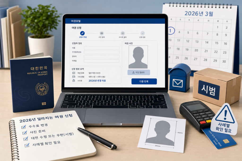 노트북에 여권포털 형태의 신청 화면이 보이고 옆에 여권, 여권사진 샘플, 결제수단, 2026년 3월이 강조된 달력과 우편함이 함께 놓여 있는 책상 풍경 — 2026년 수수료 변경·사진 규격·우편 시범서비스·사례별 확인 필요를 한눈에 전달.
