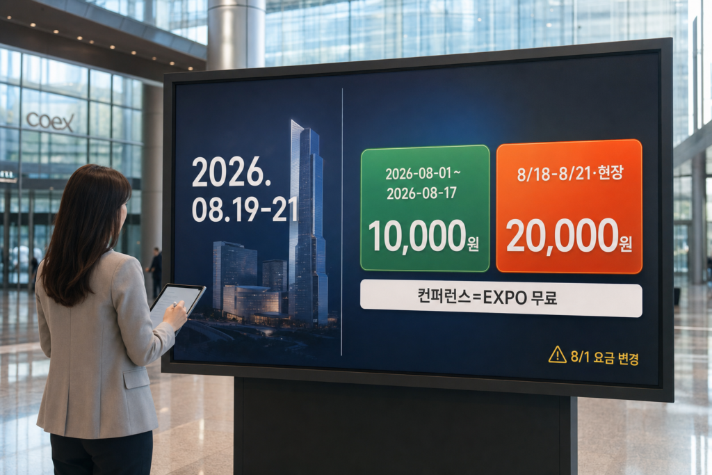 코엑스 로비 앞 실무자가 대형 보드를 보며 행사 날짜(2026.08.19–21), 온라인·현장 티켓 가격(10,000원·20,000원)과 '컨퍼런스=EXPO 무료'를 한눈에 확인하는 에디토리얼 장면