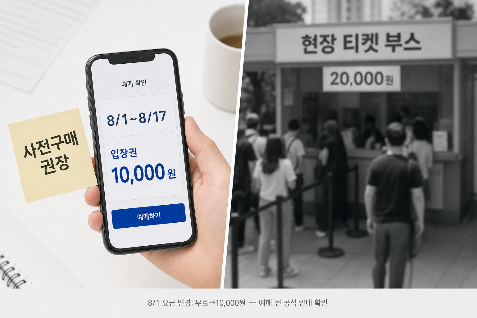 왼쪽은 스마트폰으로 사전구매(8/1~8/17, 10,000원)를 확인하는 클로즈업, 오른쪽은 현장 티켓 부스(20,000원)로 대비해 사전구매 권장과 '8/1 요금 변경' 주의사항을 시각화한 장면