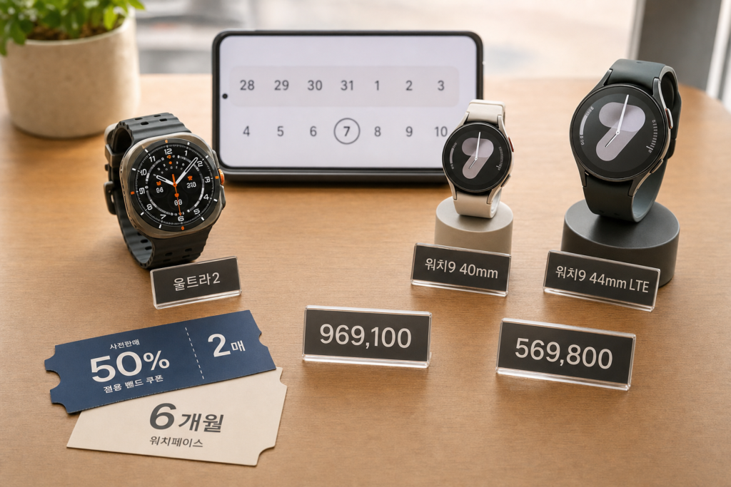 나무 테이블 위에 울트라2·워치9(40mm·44mm LTE) 시계와 스마트폰 캘린더, 가격 플레이트, 쿠폰 카드가 배치된 전반적 사전판매 요약 장면(7/28~8/3 하이라이트, 8/7 출시, 가격 969,100 / 499,000 / 569,800, 쿠폰 50%·2매·6개월).