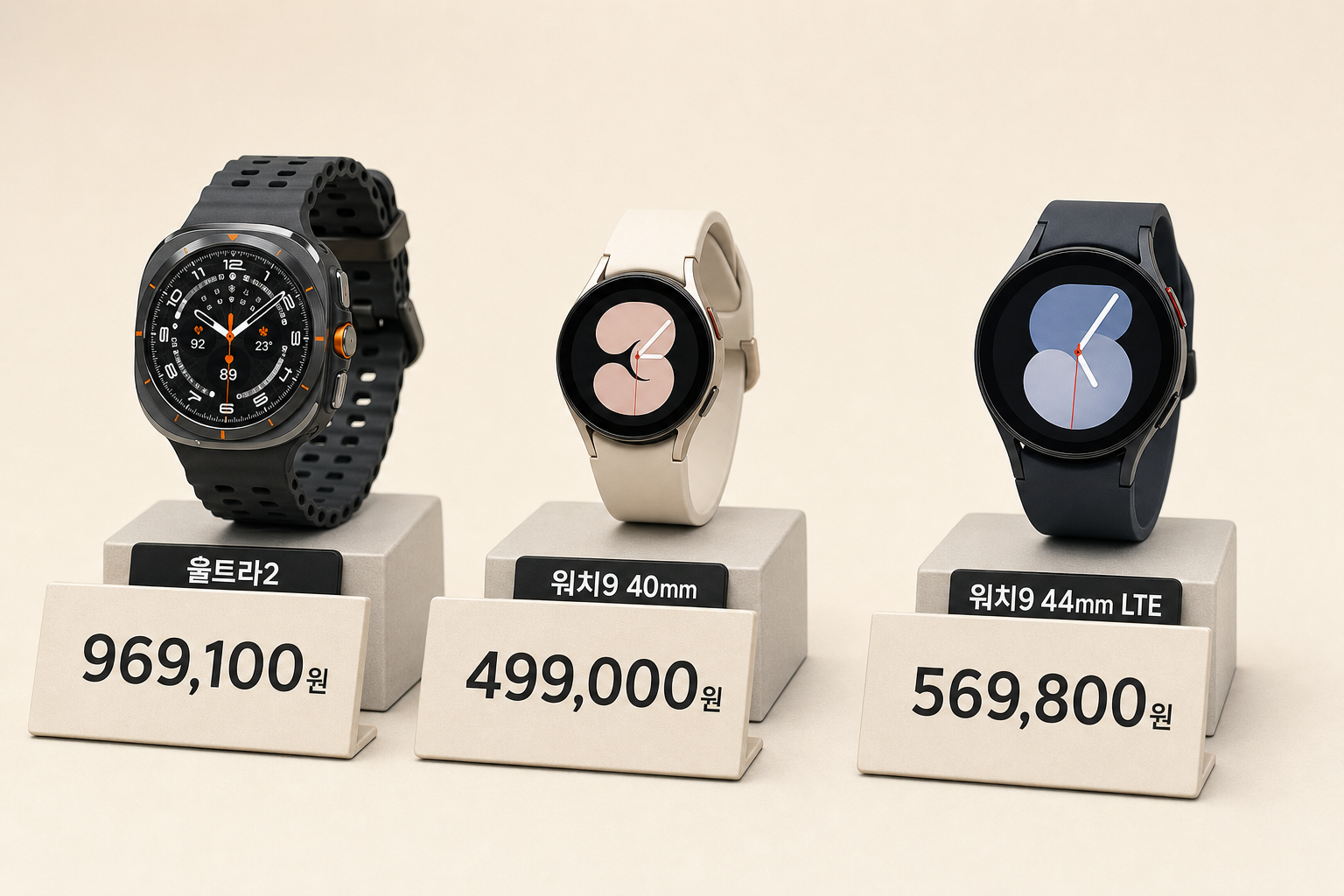 세 제품 전시 샷: 울트라2(태그 969,100원), 워치9 40mm(태그 499,000원), 워치9 44mm LTE(태그 569,800원)를 가격 태그와 함께 비교해 보여주는 이미지.