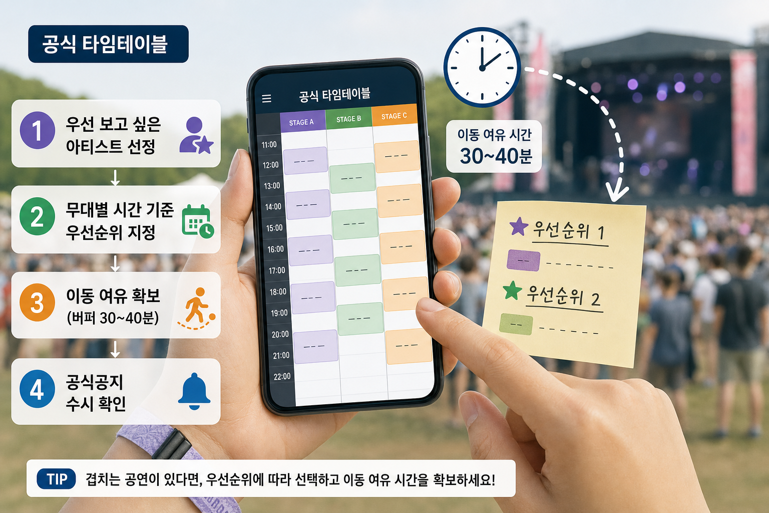 손에 든 스마트폰에 무대별 타임테이블이 표시되어 있고 '우선순위 1·2' 메모와 시계 아이콘으로 이동 여유를 표시한 타임테이블 활용 장면