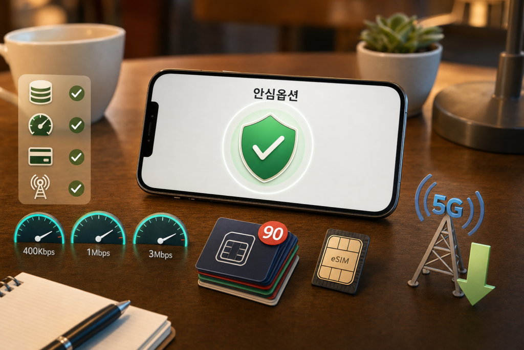 스마트폰 대시보드와 속도계·90 배지·eSIM·5G 아이콘이 함께 배치된 안심옵션 요약 장면
