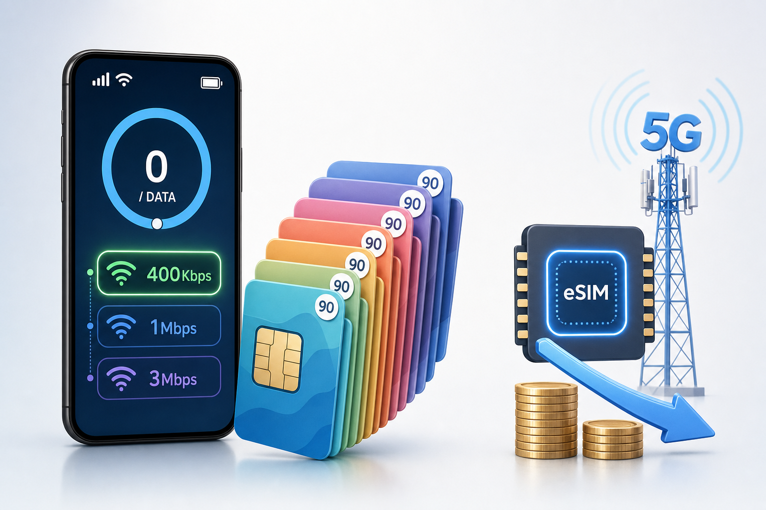 데이터 소진 후에도 연결 유지되는 스마트폰, 속도 수치(400Kbps·1Mbps·3Mbps), 90종 요금제 카드와 eSIM·5G 인하 아이콘