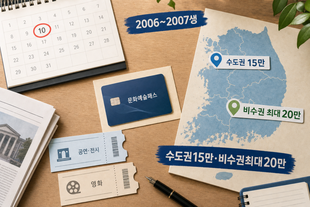 책상 위 캘린더에 8월 10일이 강조되고, 문화예술패스 카드와 한반도 지도 위의 '수도권 15만'·'비수권 최대 20만' 라벨, 공연·영화 티켓이 함께 놓인 에디토리얼 이미지