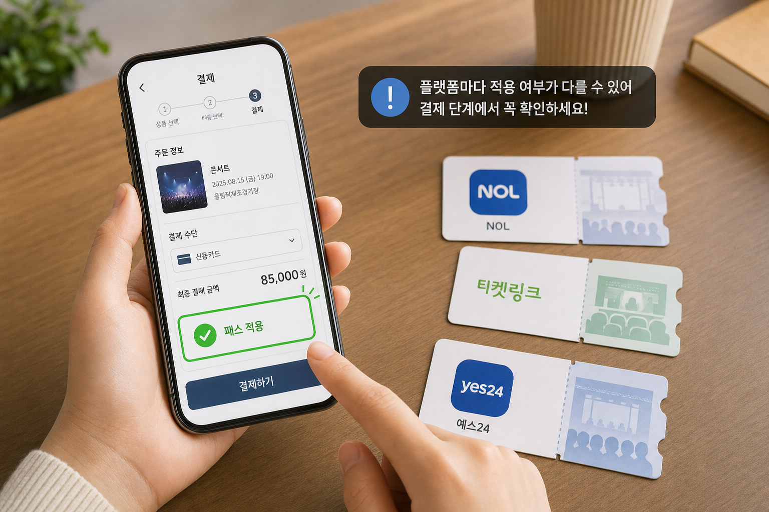 스마트폰 결제 화면을 클로즈업해 '패스 적용' 상태가 강조되어 보이고 옆에 간소화된 티켓 카드 3장('NOL','티켓링크','예스24')이 놓여 결제 단계에서 패스 적용 여부를 확인해야 함을 보여주는 이미지