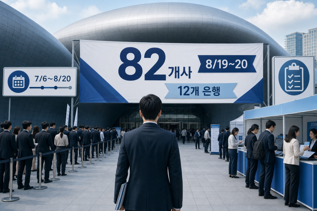 동대문디자인플라자 앞 박람회 입구 장면. 중앙 취업준비생이 서 있고 행사 현수막에 '8/19~20', 큰 '82' 수치와 '12개 은행' 표시, 옆에 온라인 기간을 암시하는 타임라인과 서류심사 클립보드 아이콘이 보임.