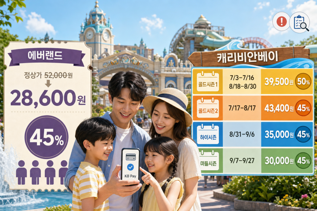 에버랜드·캐리비안베이 할인 요약: 가족이 스마트폰으로 할인 티켓과 시즌별 가격을 확인하는 편집 샷(에버랜드 52,000원→28,600원 45%, 캐리비안베이 시즌별 날짜·가격 표, KB Pay 표시)