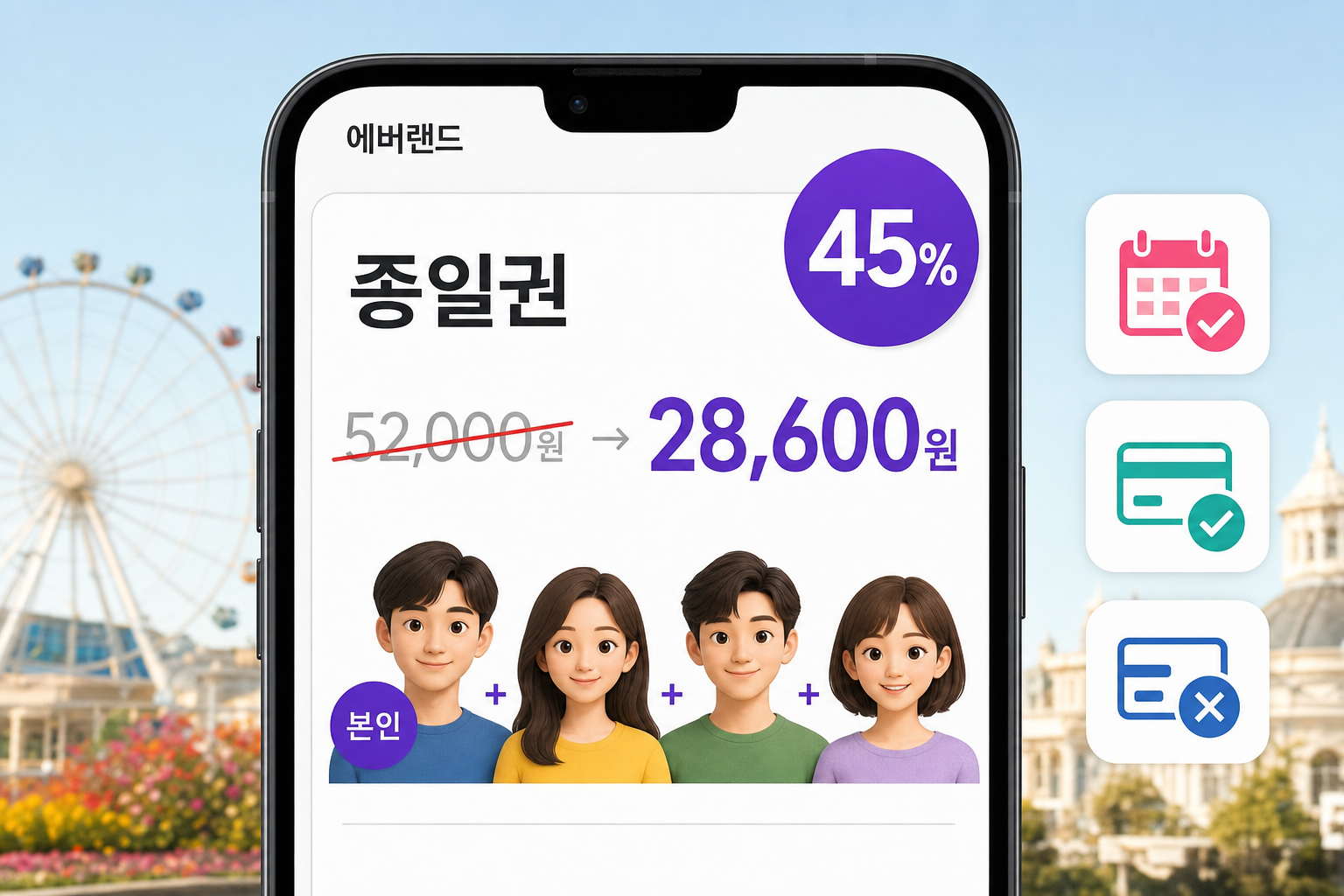 에버랜드 할인 조건 상세: 스마트폰 예매 화면에 정상가 52,000원 취소선과 할인가 28,600원(45%) 강조, 본인+동반3인 아이콘과 확인 체크리스트 시각화