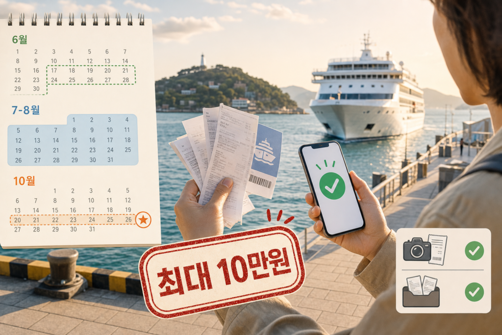선착장에서 영수증과 승선권을 든 여행자, 달력으로 6월 신청·7~8월 여행·10월 후속기회 시각화, 중앙에 '최대 10만원' 배지