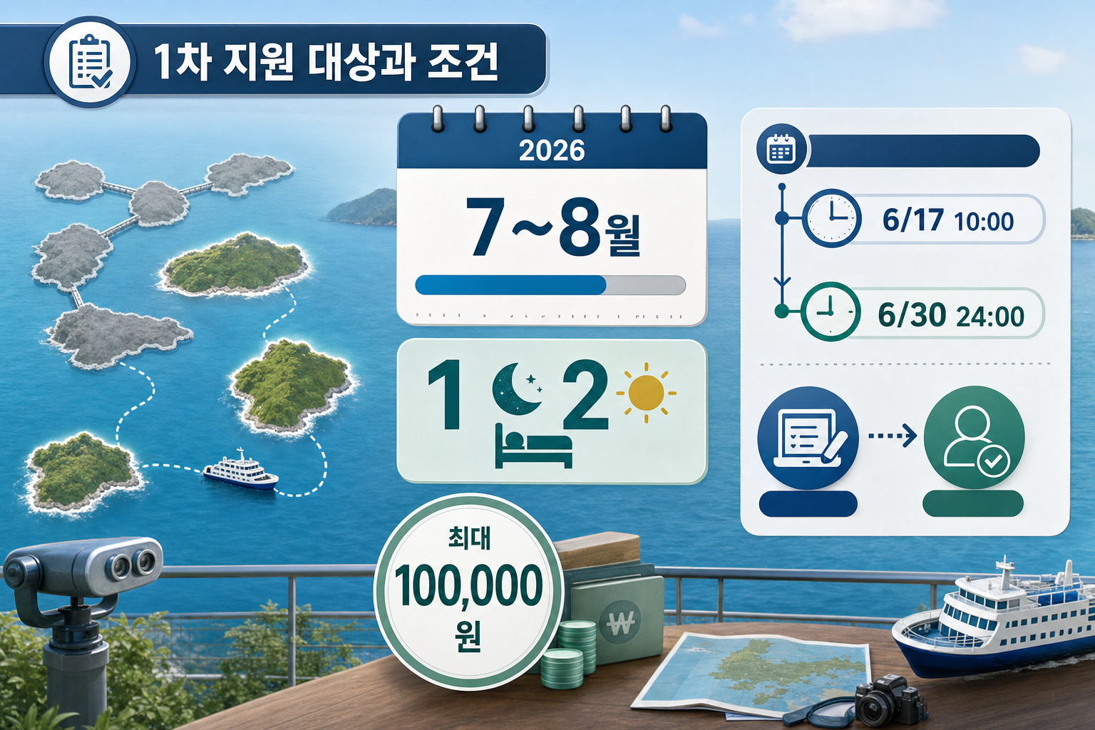 대상 섬(여객선 필요) 강조된 지도, 2026년 7~8월 달력 스트립, 6/17–6/30 신청기간 타임라인, 지원조건 요약 그래픽