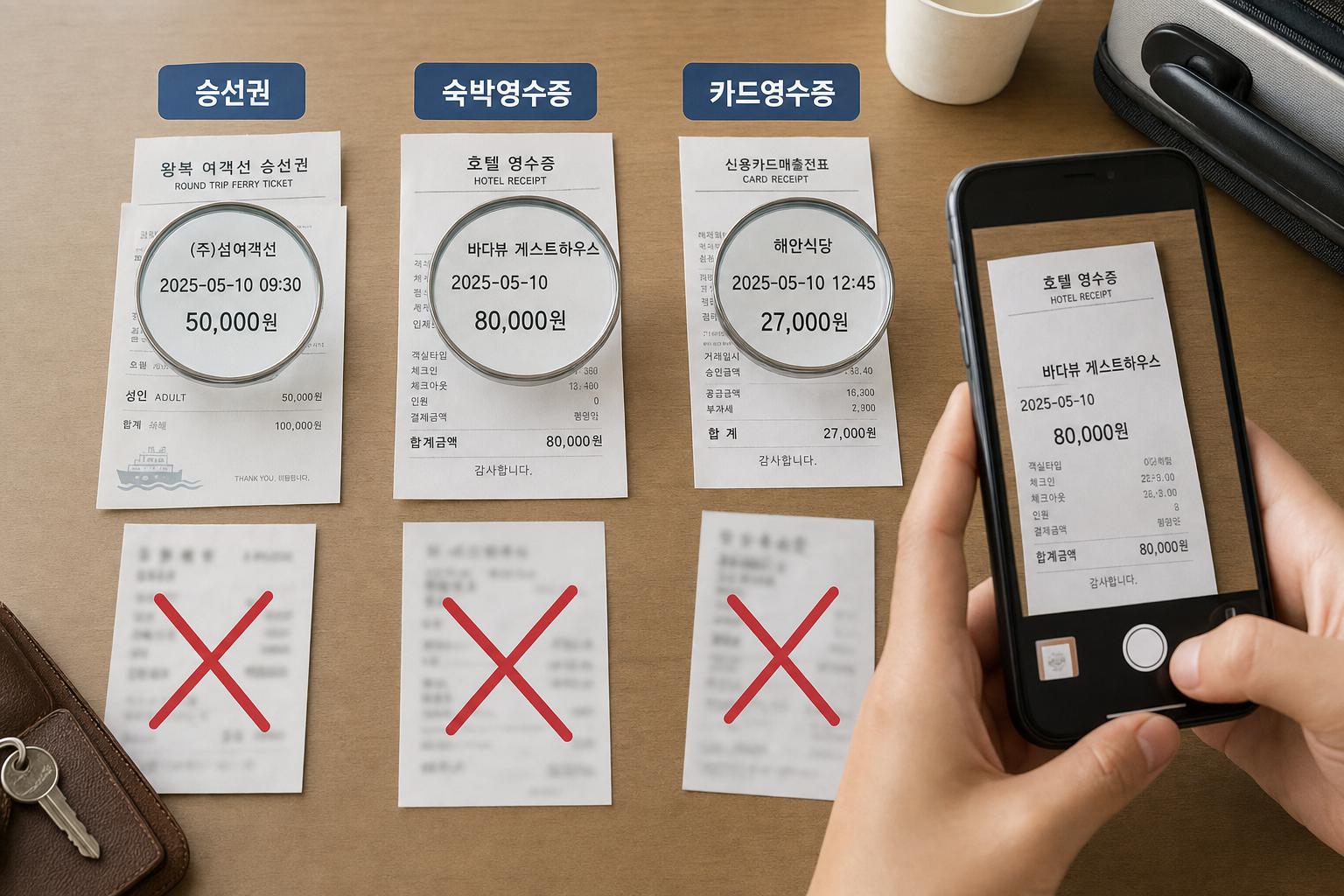테이블 위에 펼친 승선권·숙박영수증·카드영수증 클로즈업, 돋보기를 통한 날짜·금액 확인, 흐릿한 영수증에 X 표시와 영수증 촬영 손