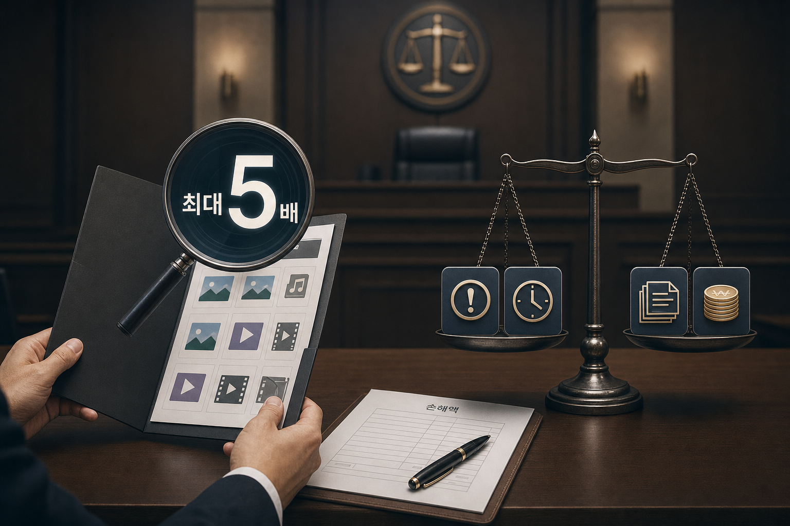 법정 분위기에서 증거 폴더와 계산서, 확대경이 '5'를 강조하는 모습과 고의성·기간·규모·이익을 상징하는 아이콘들이 저울에 놓인 장면 — 고의적 저작권 침해 시 최대 5배 배상 한도의 조건을 설명하는 이미지.
