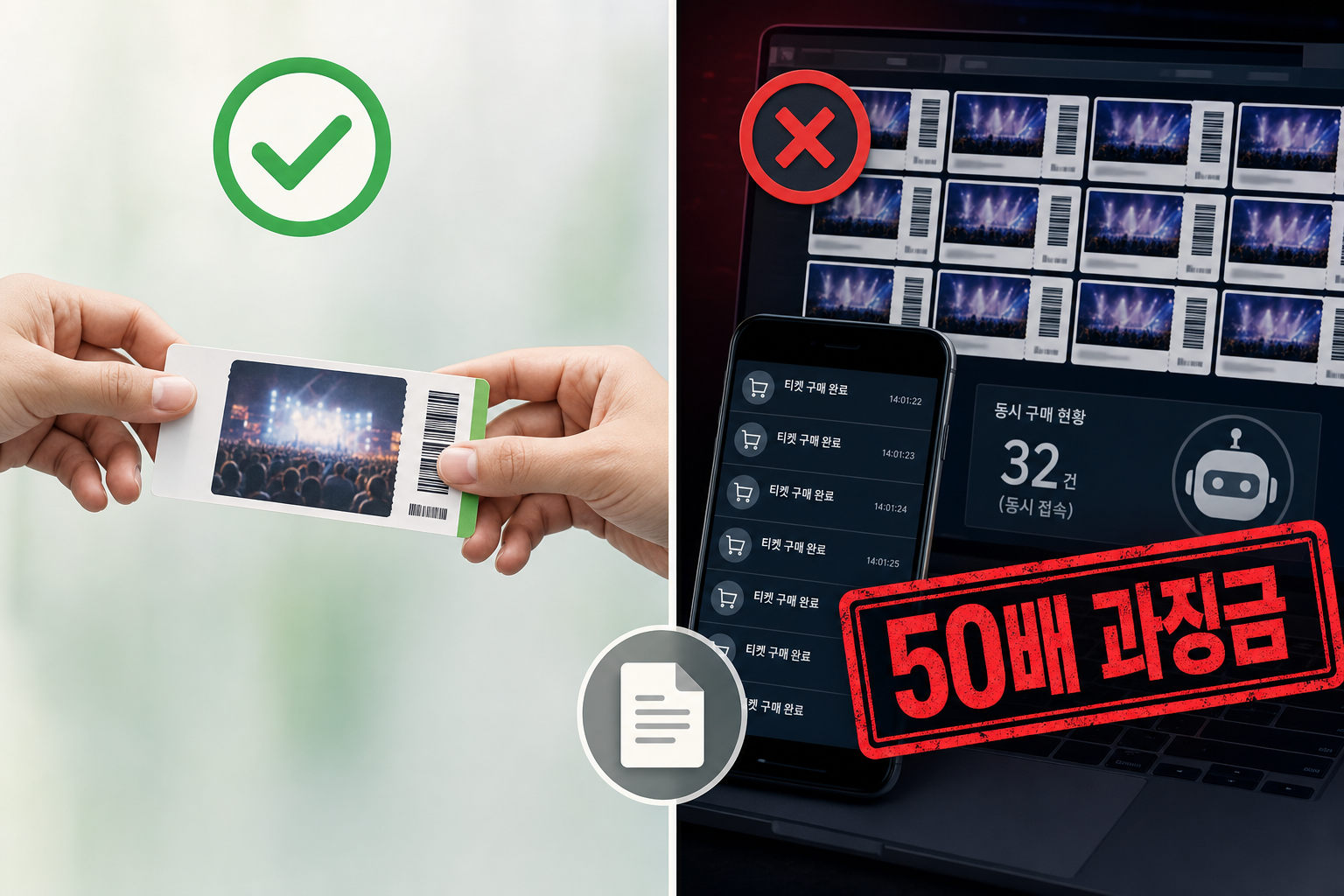좌우 비교 패널: 왼쪽은 개인 간 티켓 전달(녹색 체크), 오른쪽은 다량 티켓·자동 구매 알림과 함께 붉은 '50배 과징금' 스탬프 — 암표 과징금 적용의 사례 구분을 시각화한 이미지.