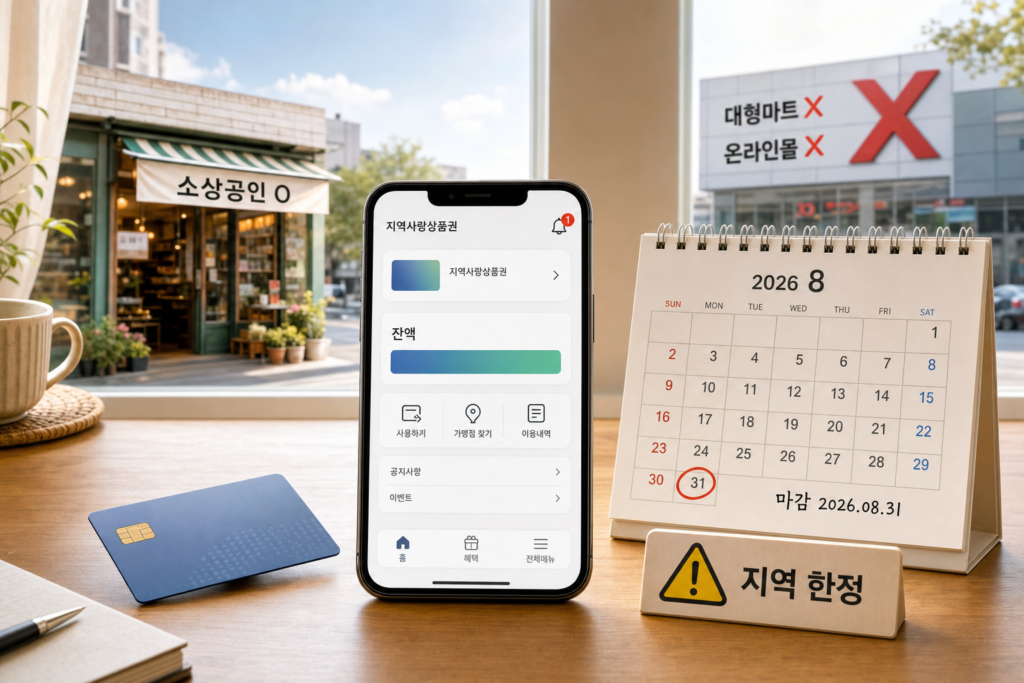 스마트폰의 잔액 화면과 카드, 달력(2026.08.31 마감)·소상공인 허용·대형마트 제한을 한 장면에 담은 에디토리얼 이미지