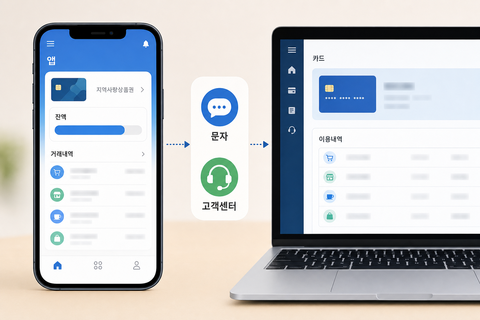 앱·문자·고객센터 경로를 보여주는 잔액 확인용 스마트폰·노트북 UI 클로즈업 이미지