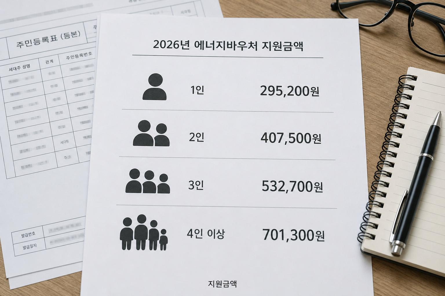 A4 안내문과 네 가지 세대 실루엣 옆에 정확한 지원금액(1인 295,200원, 2인 407,500원, 3인 532,700원, 4인 이상 701,300원)을 숫자로 표기한 정보 이미지