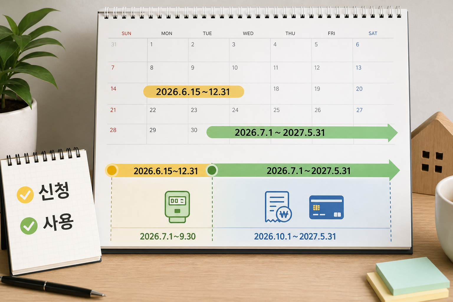 캘린더형 타임라인으로 신청기간(2026.6.15~12.31), 사용기간(2026.7.1~2027.5.31), 하절기(전기 차감), 동절기(고지서 차감 또는 카드 구매)를 시각적으로 구분한 장면