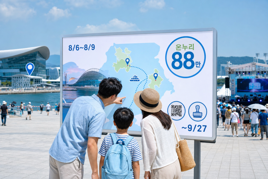 여수세계박람회장 전경 앞에서 안내도를 보는 가족, 지도에 금오도·하화도 항로와 온누리상품권 88만 배지, 날짜 8/6~8/9·~9/27 표시된 종합 안내 장면
